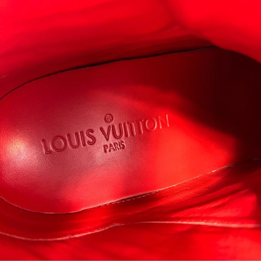 Louis Vuitton LV Logo Monogram High Top Suede Wedge Sneakers Shoes Red 37.5 7.5